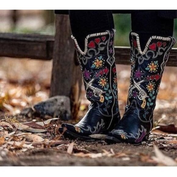 Women's Multi Color Western Cowgirl Boots Embroidered Patchwork Wide Calf Pull - Picture 7 of 7
